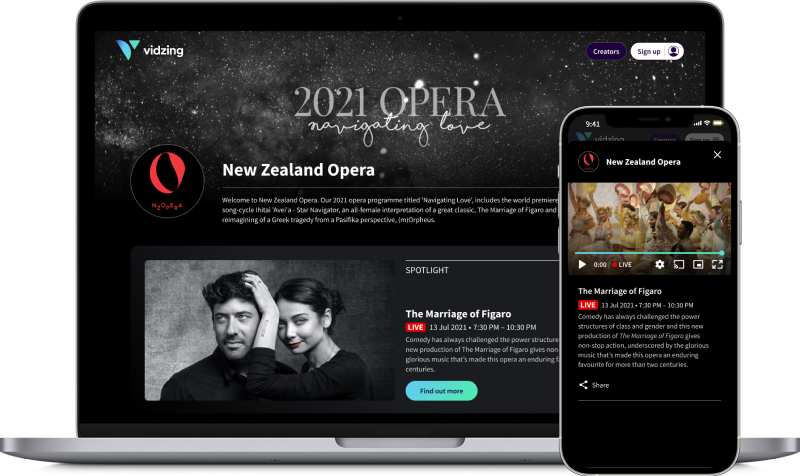 NZ Opera channel on Vidzing (desktop and mobile screens)